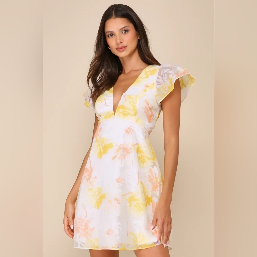 LuLus Daytime Cheer White Floral Organza Babydoll Mini Dress Size M